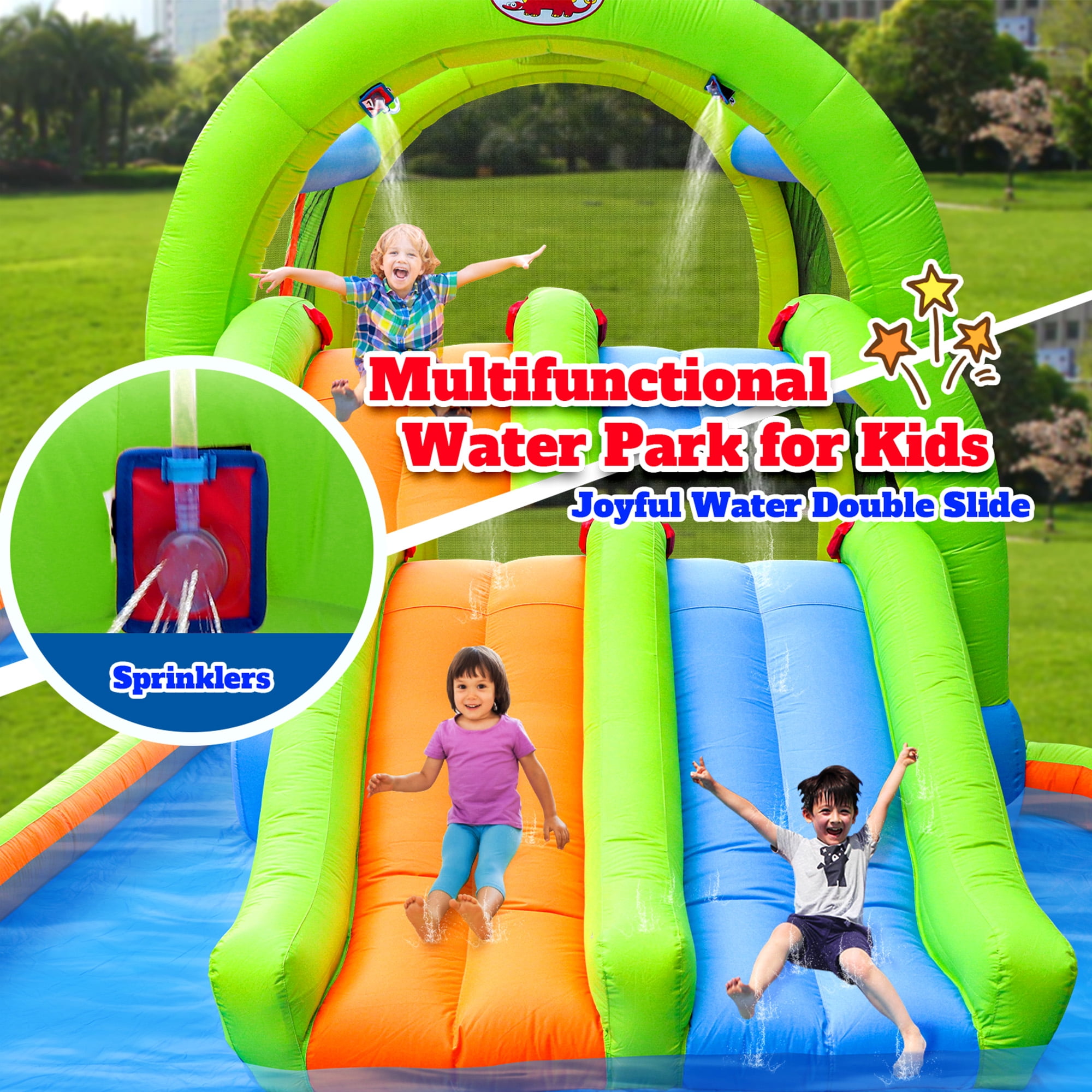 WELLFUNTIME Inflatable Water Slide, Bounce House with Blower, Splash Pool, Water Cannon, Water Park for Kids Backyard Summer Fun