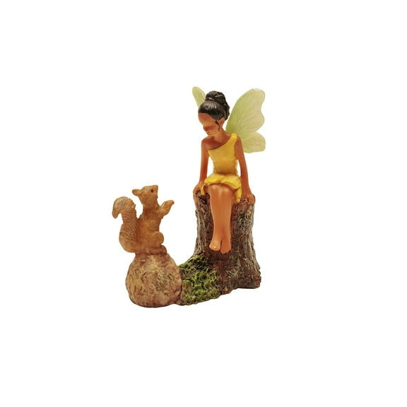 Miniature Dark Hair Fairy Girl And Squirrel Figurine Garden Accessory Dollhouse Decor