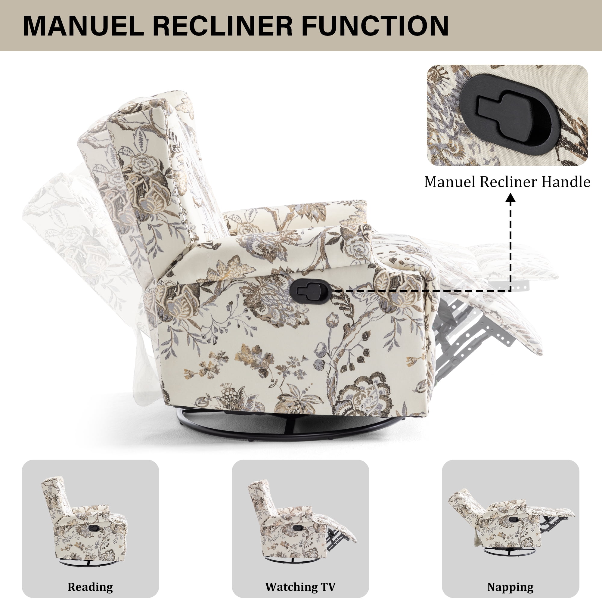 DREAMSIDEA Recliner Swivel Glider Rocker Nursery Chair for Adults, High Back Upholstered Rocking Armchair for Living Room, Manual Reclining Sofa Lounge Chair with Deep Seat in Fabric - Beige Plants