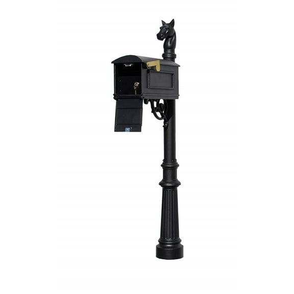 QualArc LML-801-BL Lewiston Equine Mailbox Post System with Locking Insert, Fluted Base & Horsehead Finial - Black