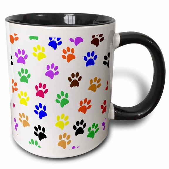 3drose, Colorful Paw Prints on White Background Trendy Work, 15oz Two-tone Black Mug