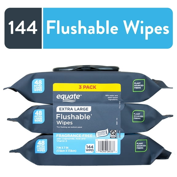 Equate Extra Large Flushable Wet Wipes, Fragrance Free, 144 Wipes (3 Pack)