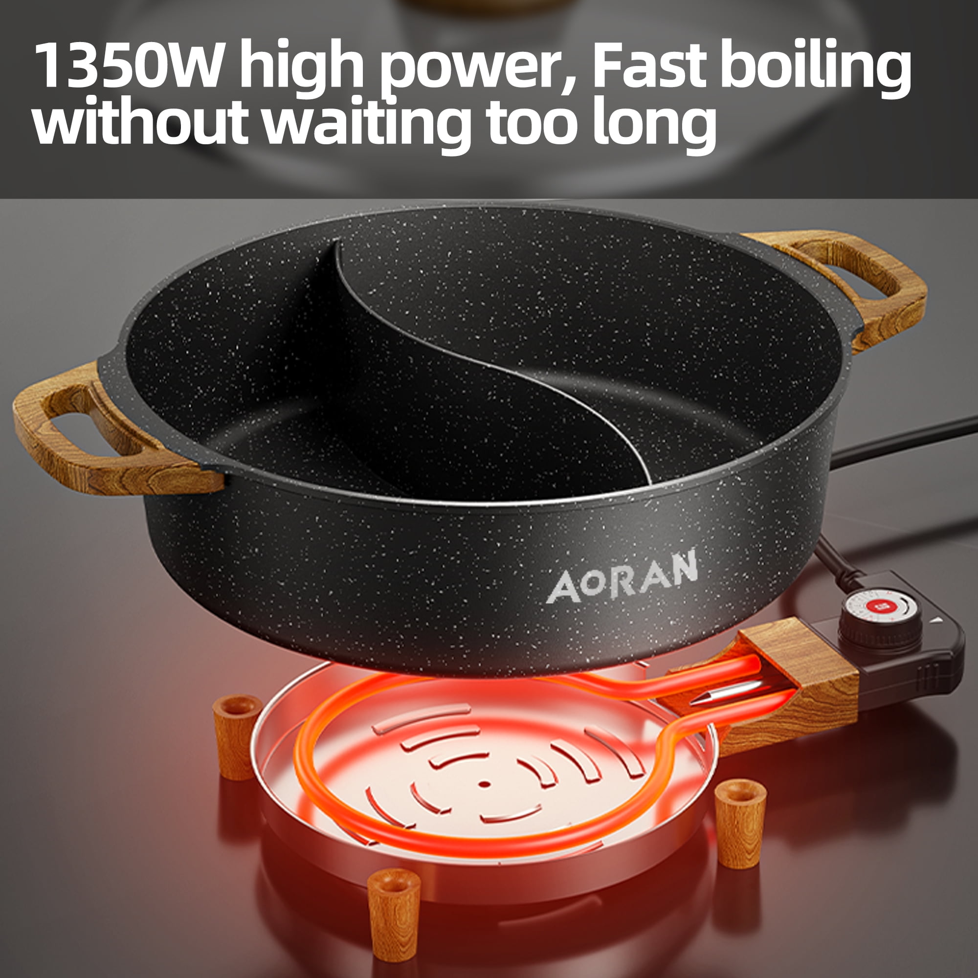 AORAN Electric Hot Pot with Divider, 6L Large Capacity Double-Flavor Non-stick Pot, Smokeless Cooking Pot with Temperature Control, Suitable for 2-8 People