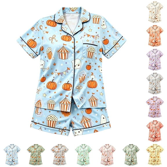 LIIPEE Girls Halloween Graphic Pajamas Short Sleeve Button Down Shirts And Shorts Pajama Sets Kids Holiday Sleepwear 2-16 Years