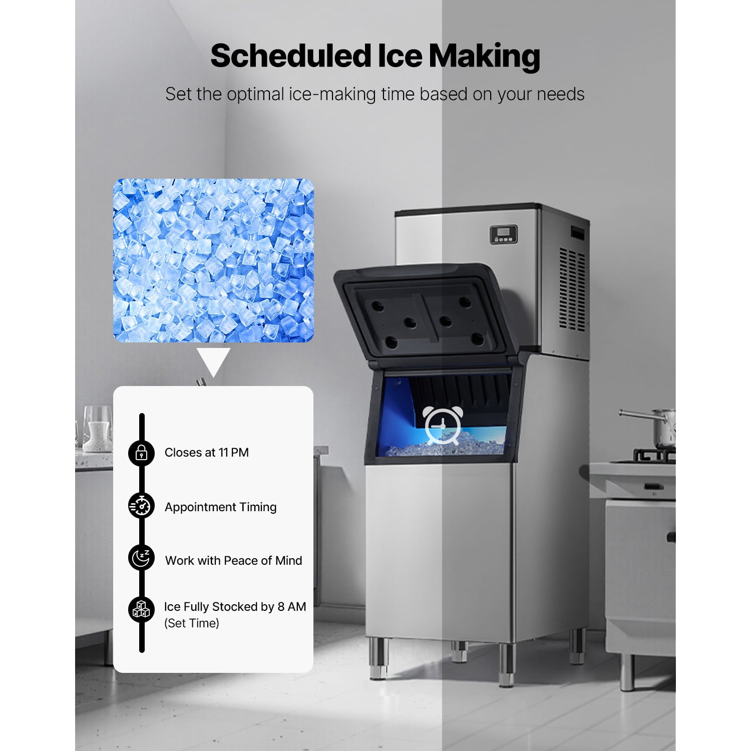 KFFKFF 360LBS/24H Commercial Ice Maker Machine with 300LBS Large Storage Bin Freestanding/Built-In, Stainless Steel Clear Ice Cube Maker LCD Panel