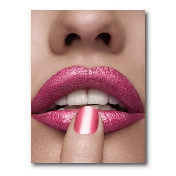 Designart ' Pink Female Lips With Finger On Mouth ' Modern Canvas Wall Art Print