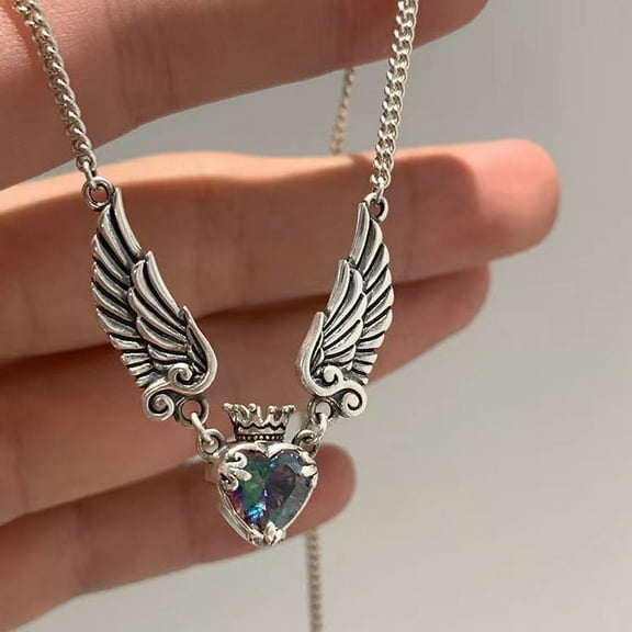 Vintage Princess Queen Crown Heart with Wings Pendant Necklace Valentine's Day Jewelry for Women
