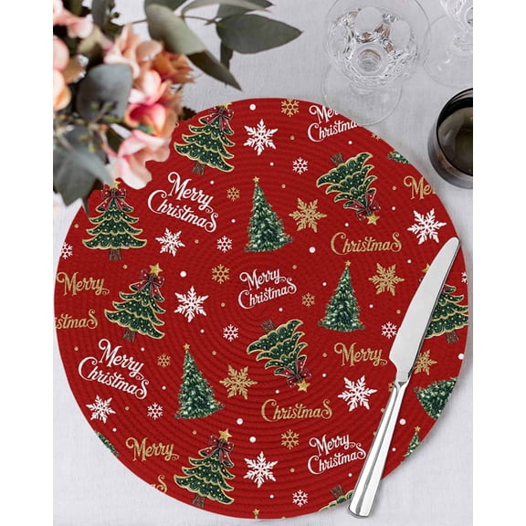 13 Inch Round Placemats Set of 6, Red Christmas Non Slip Heat Insulation PP Table Mats, Xmas Tree Snowflake Stars Farmhouse Washable Place Mats for Kitchen Dining Party Table Decor