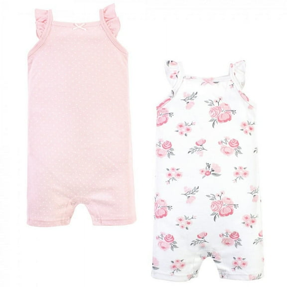 Hudson Baby Infant Girl Cotton Rompers, Pink Floral, 0-3 Months