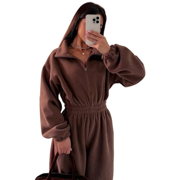 Women'S Casual Zip-Up Jumpsuit, Autumn Fashion Waist-Cinching One-Piece Suit, One-Piece Sportswear Brown S