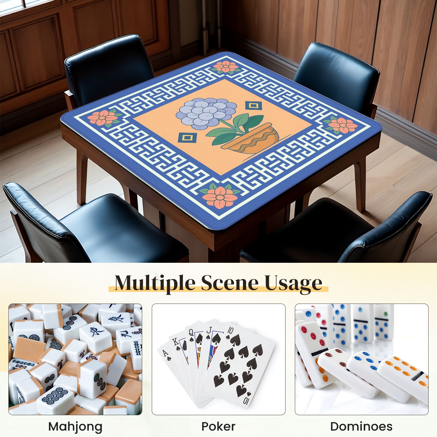 Mahjong Mat 31.5" x 31.5" Floral Pot Blue Hydrangea Geometric Border Anti-Slip and Noise Reduction Symmetry Design Mahjong Tiles Table Cover for Dominoes Poker Card Board and Tile Games
