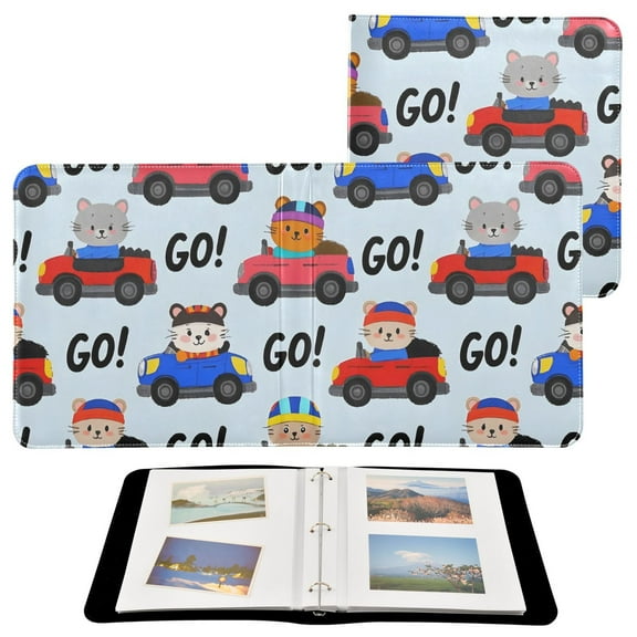 Leather Cover Photo Album 80 Pockets 4x6 Photos Bookshelf Picture Album Cartoon Cat Drive Car