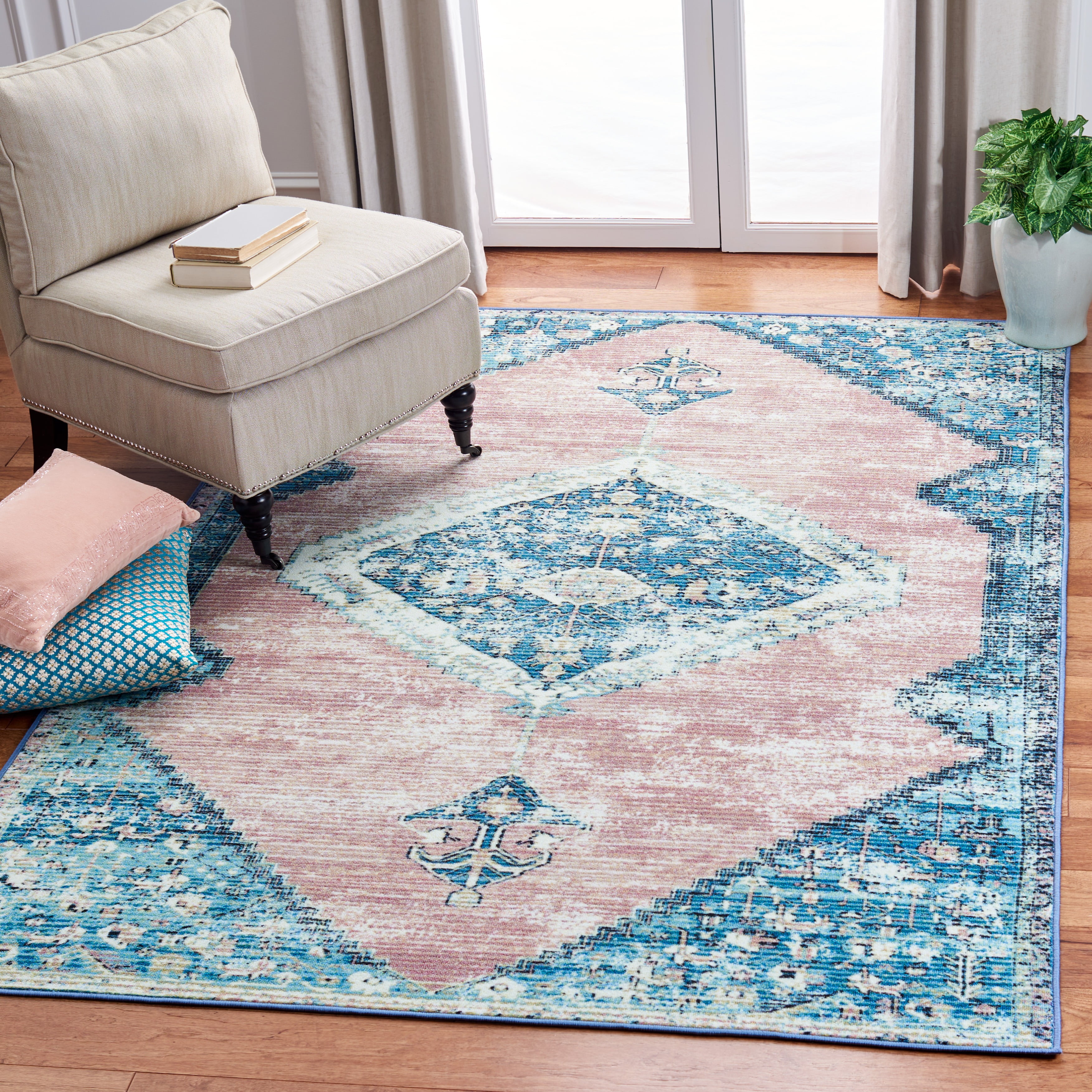 SAFAVIEH Journey Creighton Floral Distressed Area Rug, Blue/Pink, 7'9" x 10'