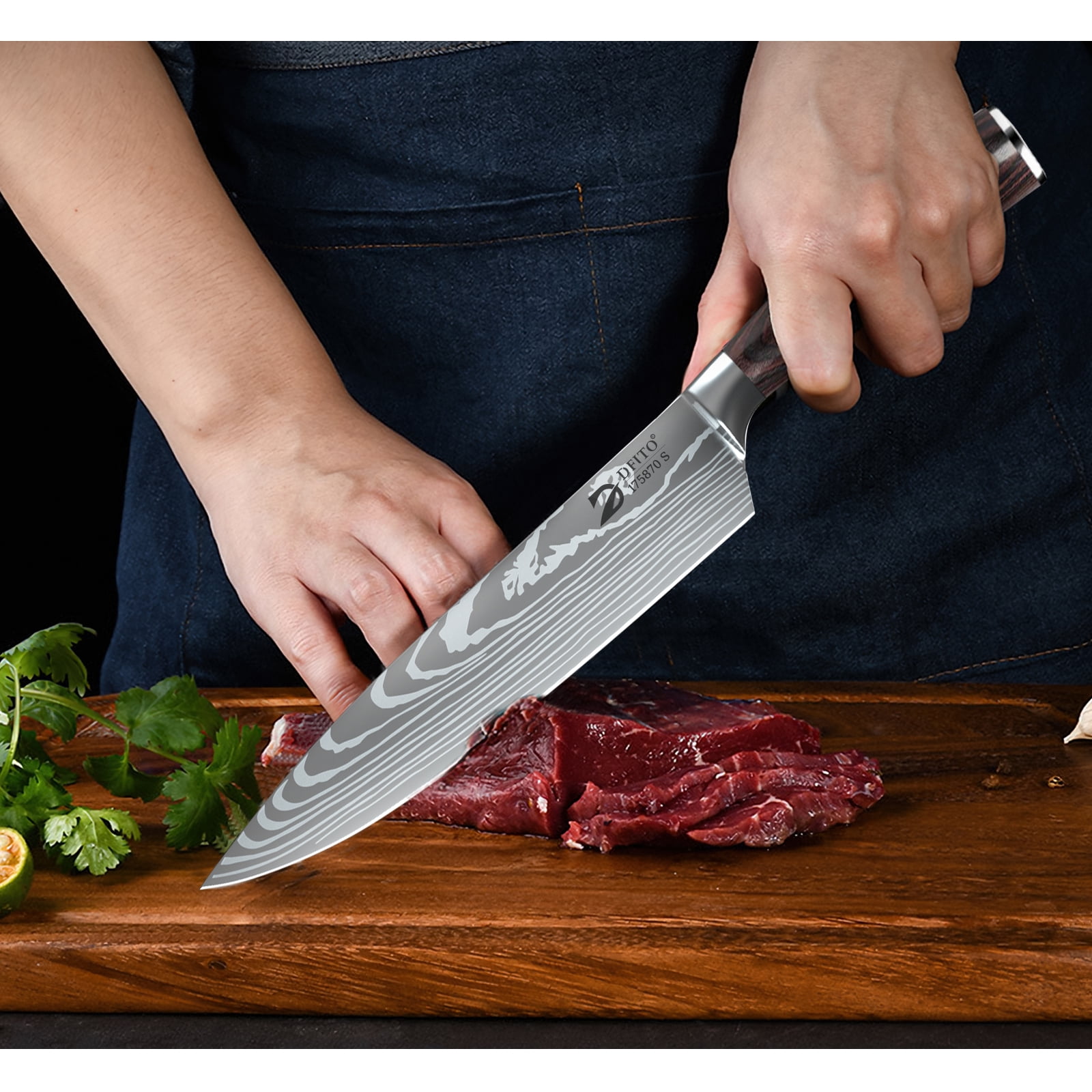 Kitchen Knife Set,DFITO 8 Pcs Professional Chef Kitchen Knife Set, Stainless Steel Cooking Knife Set, Brown