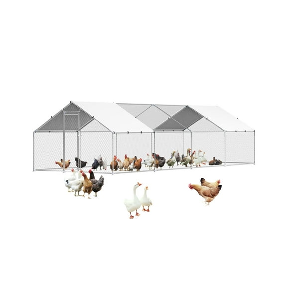 VEVOR Metal Chicken Coop, 9.8x26.2x6.5 ft Large Walk-in Chicken Runs with Cover, Spire Roof Hen House Enclosure with Security Lock, Outdoor Duck Rabbit Cage Poultry Pen for Backyard, Farm, Yard