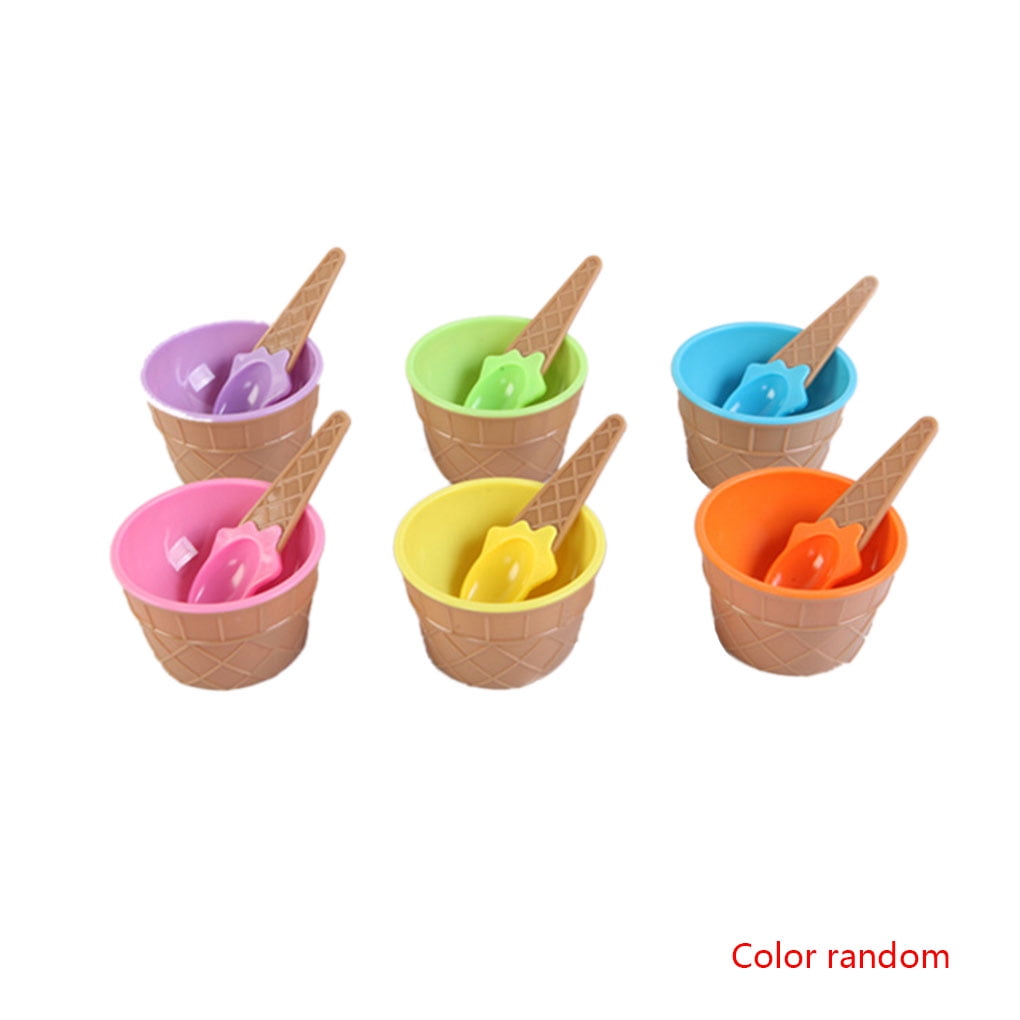 6 Assorted Reusable Plastic Cups Set Dessert Ice Cream Bowls with Spoons