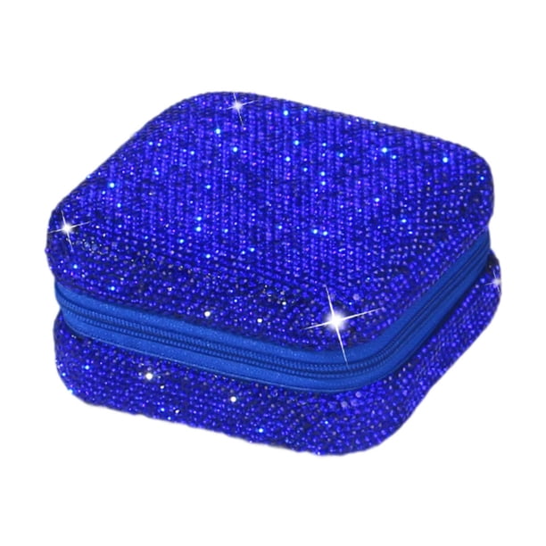 Caja de joyería con diamantes de imitación, organizador de collares y pendientes, caja de almacenamiento de joyería compacta brillante para manualidad Azul