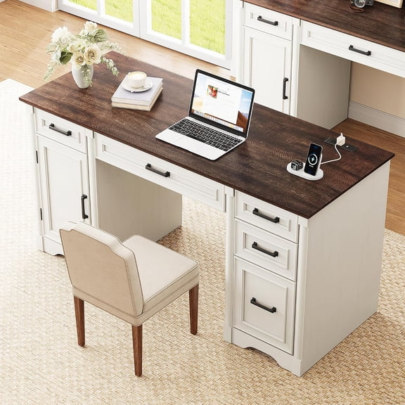 Aphthongs 58" W Wood Executive Desk, Farmhouse Home Office Desk w/ File Drawer & Charging Station, Rustic Writing Desk Study Table Elegant Computer Desk with Storage, White