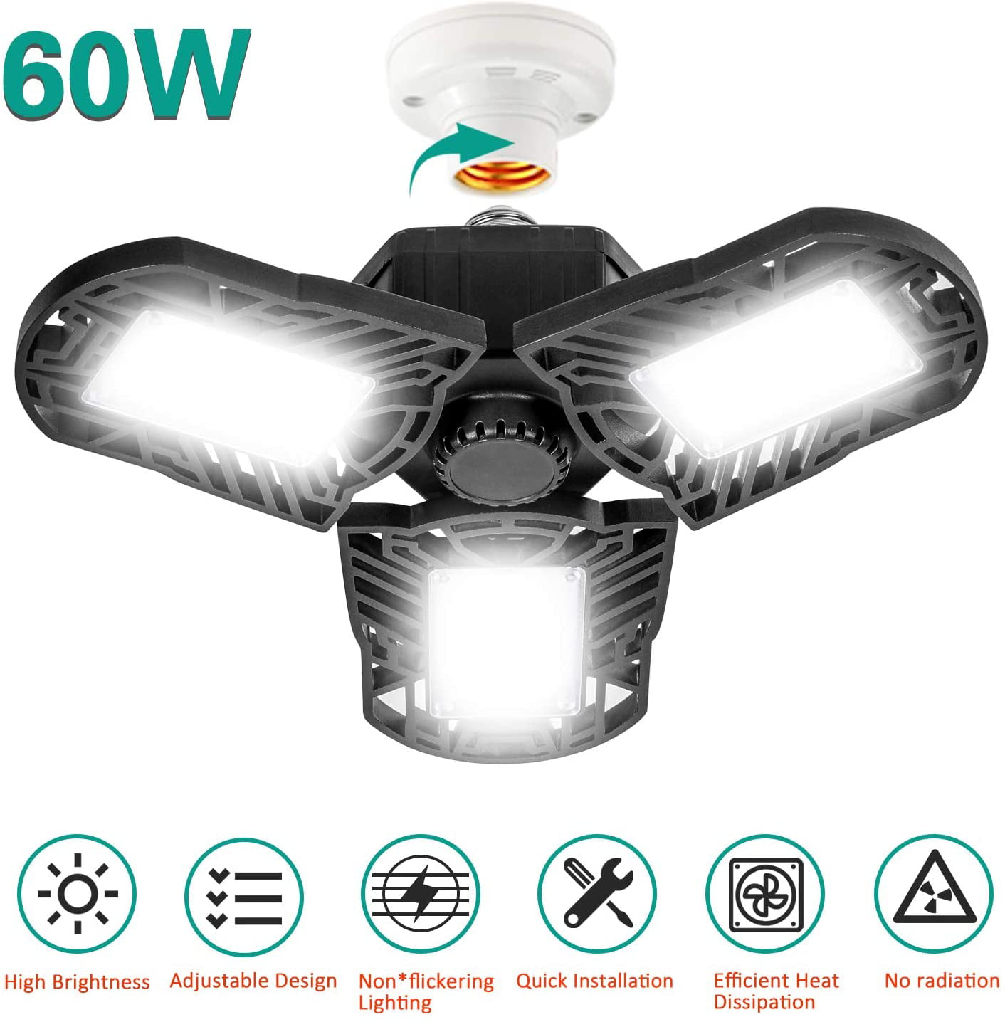 Details about   60W E27 LED Garage Shop Work Lights 6000lm Home Ceiling Fixture Deformable Lamp 