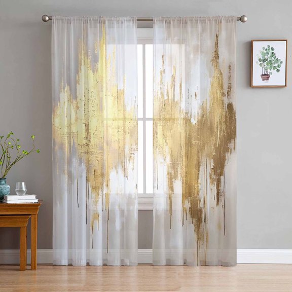 Gold Grey Sheer Curtains 72 Inch Length 2 Panels Set for Living Room/Bedroom, Abstract Contemporary Square Graffiti Smear Art Curtain Sheers Drapes Rod Pocket Curtains Window Treatment 52''x72''x2
