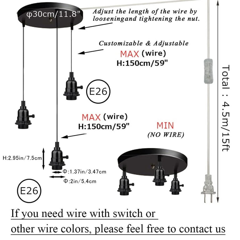 FSLiving 3-Lights Swag Pendant Light with 15ft Plug-in UL ON/Off Switch  Cord Turn-Knob 3-Way Phenolic Socket Industrial Pendant Light Decorated 