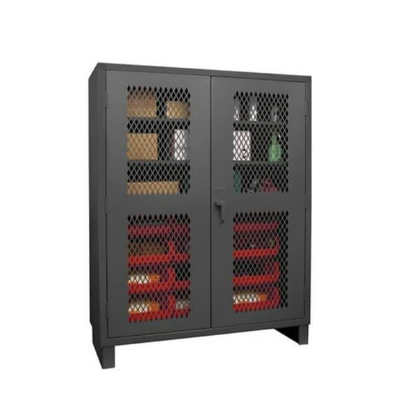 Durham HDCV60-12B-3S1795 12 Gauge Recessed Door Style Lockable Ventilated Cabinet with 12 Red Hook on Bins & 3 Adjustable Shelves, Gray - 60 in.