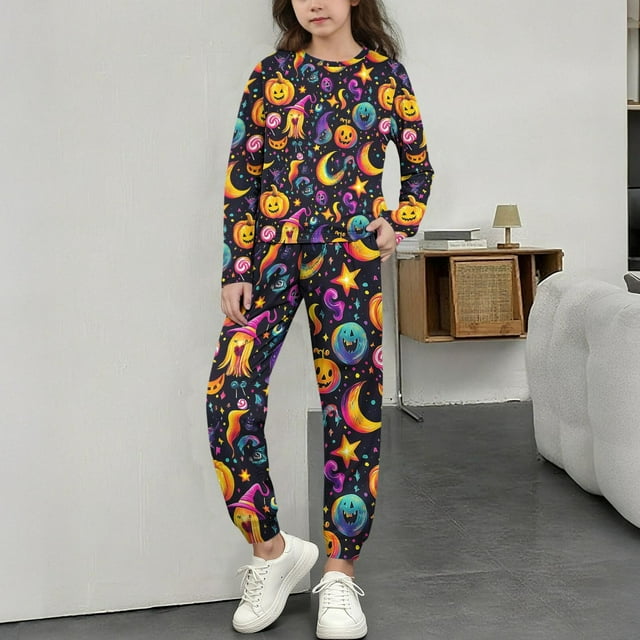 MKOSPLRT Filles Garçons Halloween Tenue d'Intérieur 2 Pcs 3-15a Enfants Pyjamas Citrouille Ensembles Chandails à Manches Longues Pantalons de Pyjama Amples Tenues d'Automne