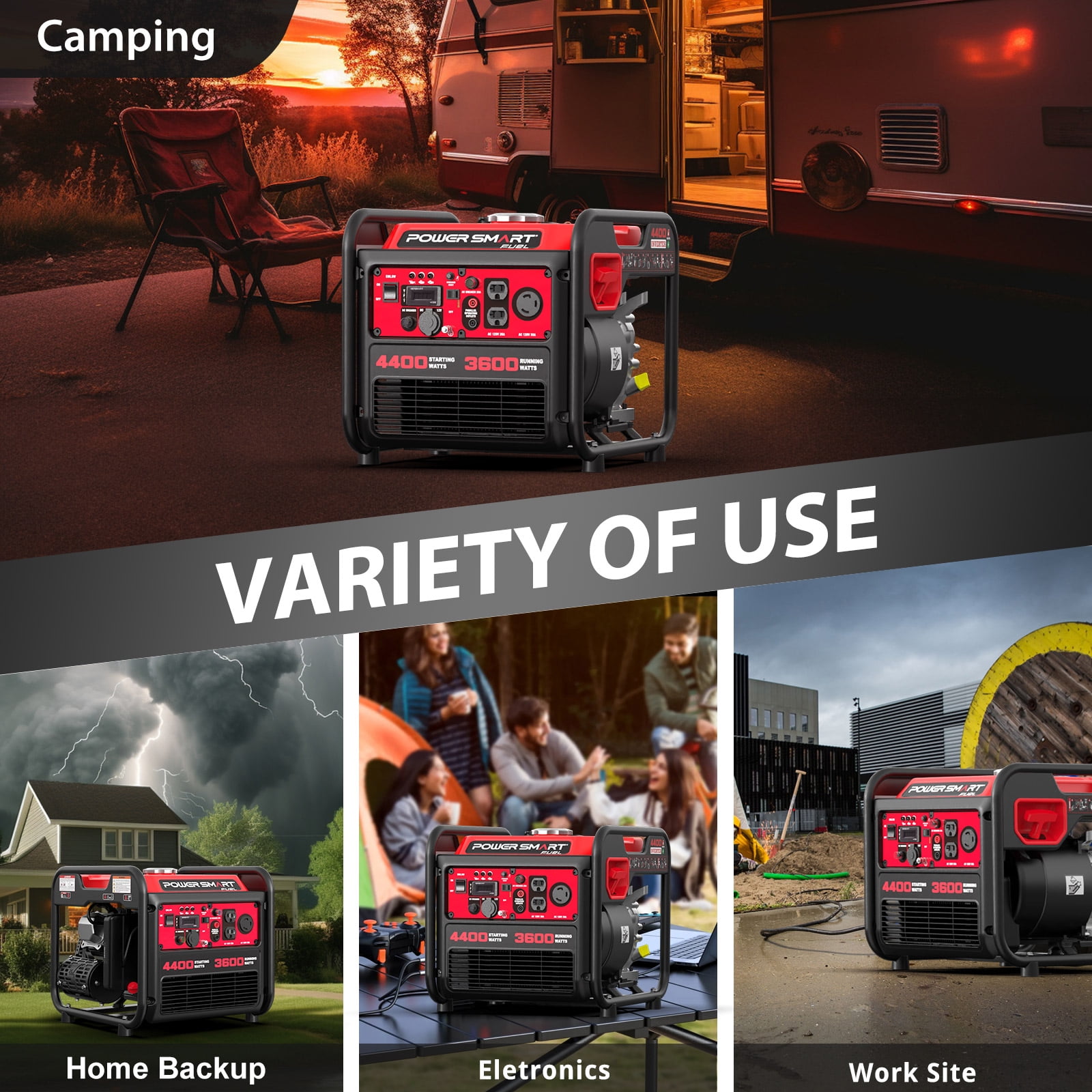 PowerSmart 4400-Watt Gas Fuel Powered Inverter Generator Portable Open Frame Outdoor Camping Backup