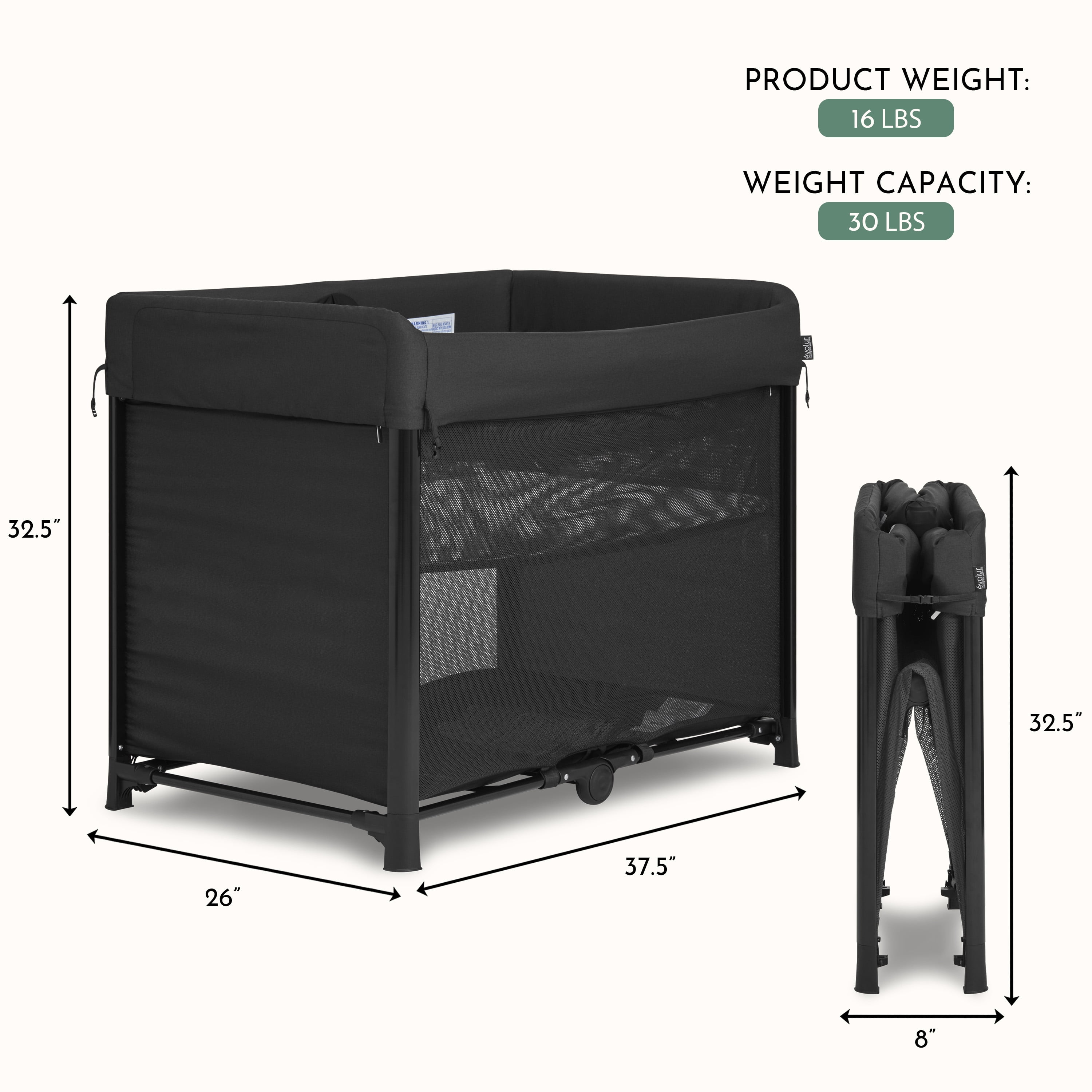 Evolur Zane Portable Playard with Bassinet black, Quick and Easy to Fold Baby Playard, Includes Thick Foam Mattress Pad with Removable & Washable Cover