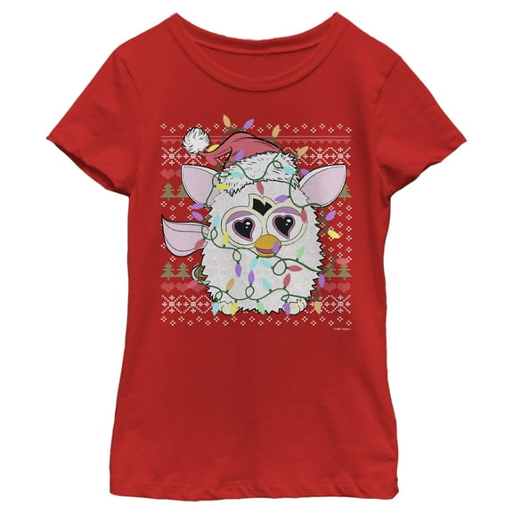 Girl's Furby Christmas Lights Ugly Sweater Print Graphic T-Shirt