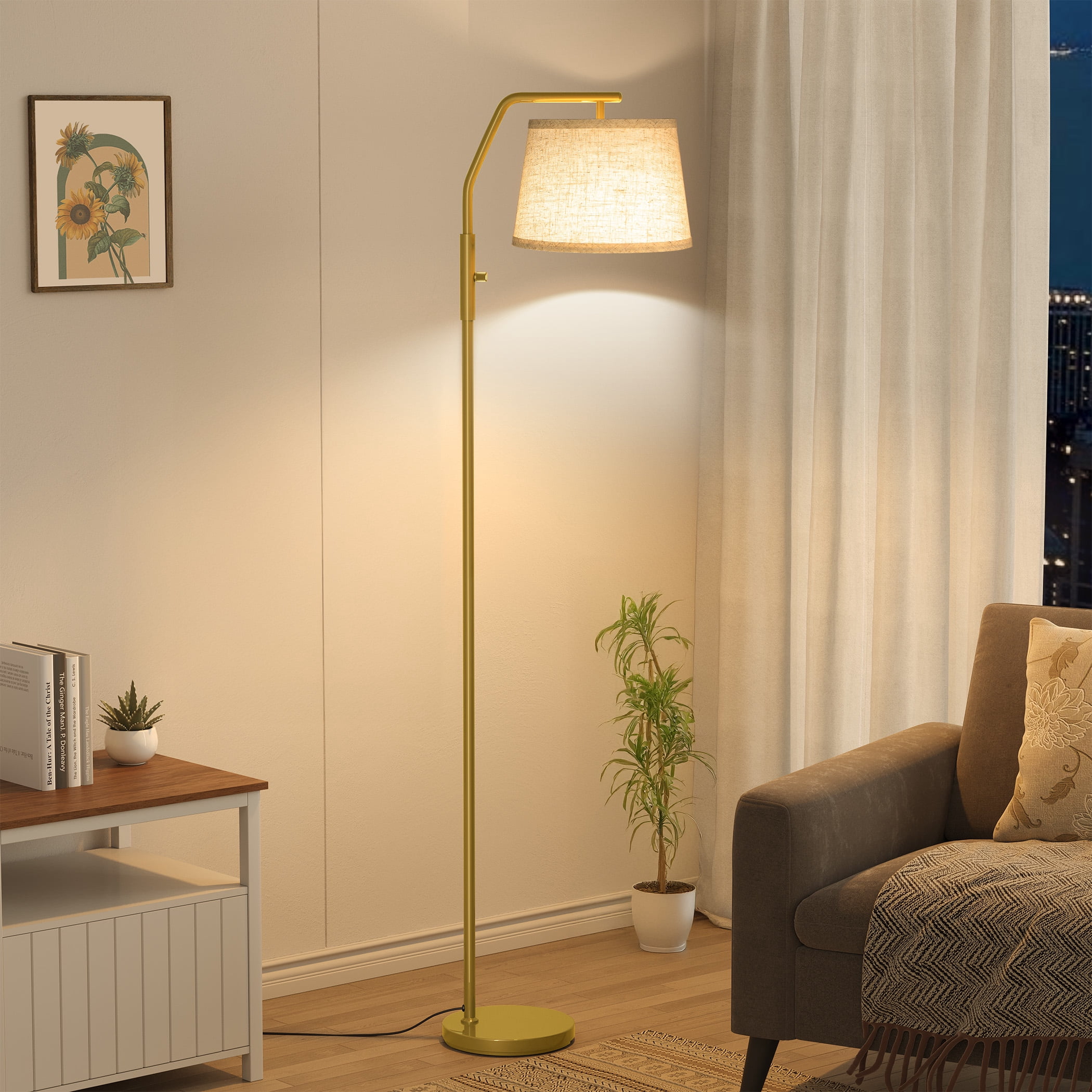 SUNMORY Floor Lamp for Living Room, 9W Bulb Included, Lamp for Bedroom with Adjust Head, Standing Lamp with Rotary Switch, 0-100% Dimmable Floor Lamp for Living Room Bedroom Office Nursery, Gold