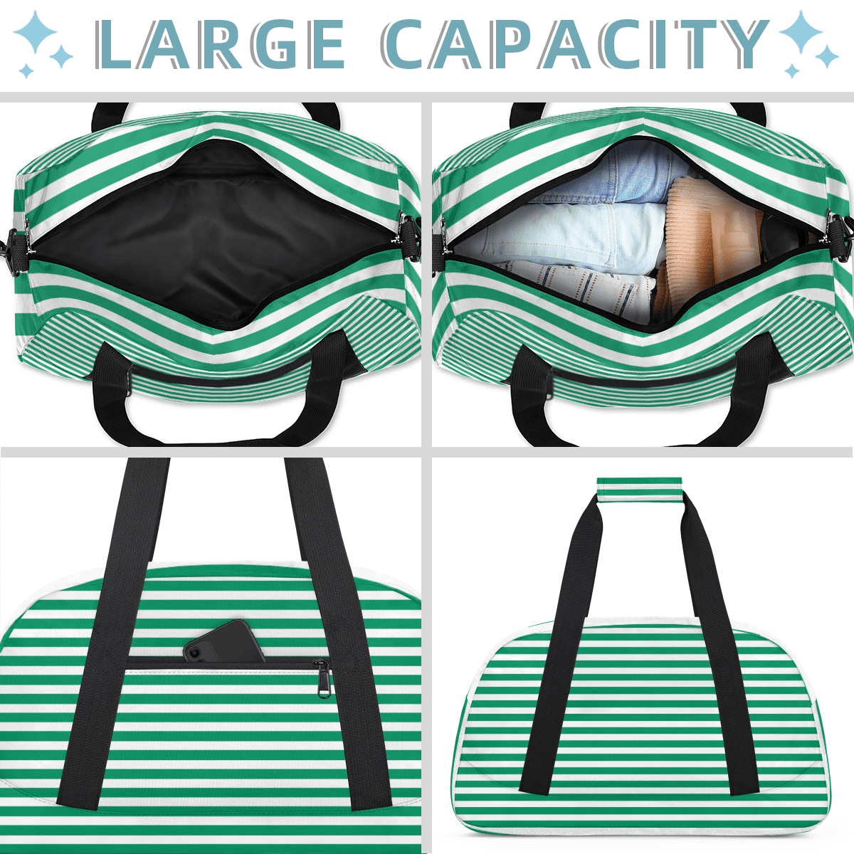 Herdesigns Green Striped Sports Duffle Bag for Women & Men, Gym Bag Dance Bag Overnight Bag Carry On Weekender Travel Bag