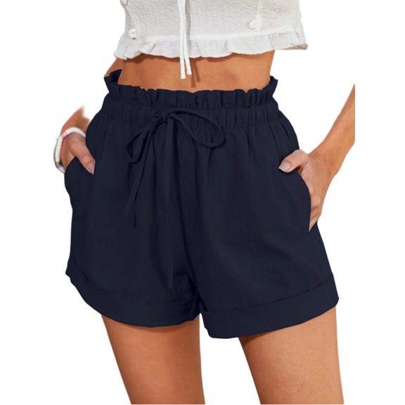 Women's Elastic High Waisted Drawstring Casual Lounge Shorts, Lightweight Summer Shorts with Side Pockets 2XL