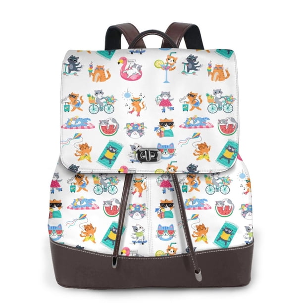 Balery Hello Summer Cat Mochila de Cuero para Mujeres, Gran Capacidad, Bolsa de Viaje Multifuncional, Mochila de Cuero y Bolsa de Hombro para Mujeres