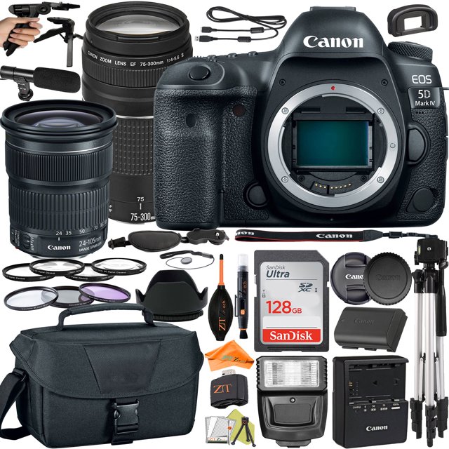 Canon EOS 5D Mark IV DSLR Camera with 24-105mm + 75-300mm Lens + 128GB + Microphone + Flash + ZeeTech Accessory Bundle