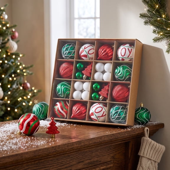 Cadancy Christmas Ornaments Shatterproof Balls Assorted Designs Tree Decorations Hanging Baubles with Gift Box Holiday Party Festive Xmas Home Fireplace Window Wreath Decor Set