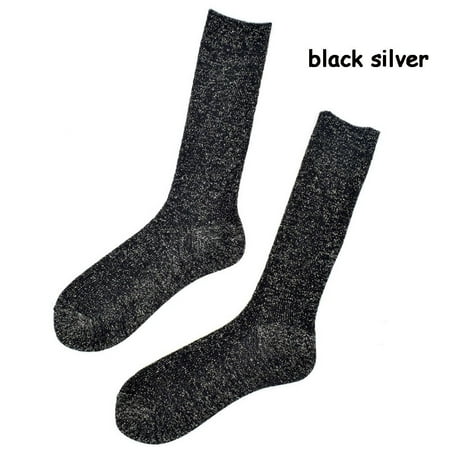 

Retro Fashion Shiny Long Knitted Socks Women s Socks Golden Silver Silk Glitter Colored BLACK SILVER
