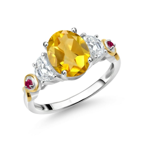 Gem Stone King 925 Silver and 10K Yellow Gold 3-Stone Ring Oval Yellow Citrine and Moissanite (2.00 Cttw, Size 5)