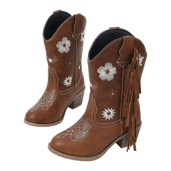 Girls Kids Embroidered Fringe Cowgirl Cowboy Boots Chunky Heel Pull on Mid Wide Calf Western Booties