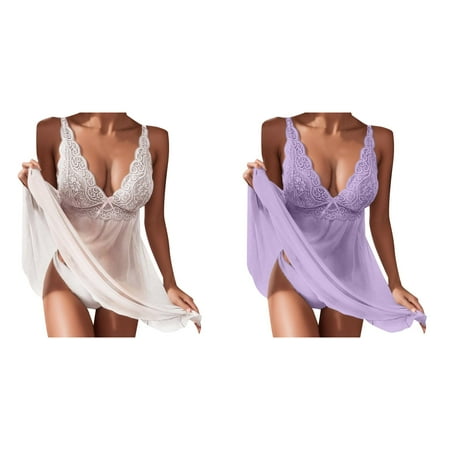 (2-Pack) Kcodviy Transparent Pajamas Bra and Panties Skirts Underwear Suspenders Dress Women Womens Skimpy Lace