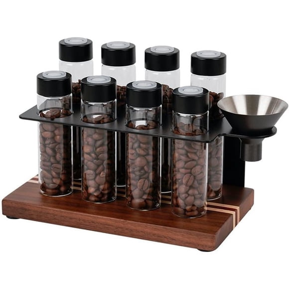 Tubos para Almacenar Granos de Café. Bodegas Monodosis para Granos de Café. Válvula de Escape Unidireccional Sellada con Tolva. Expositor de Madera.