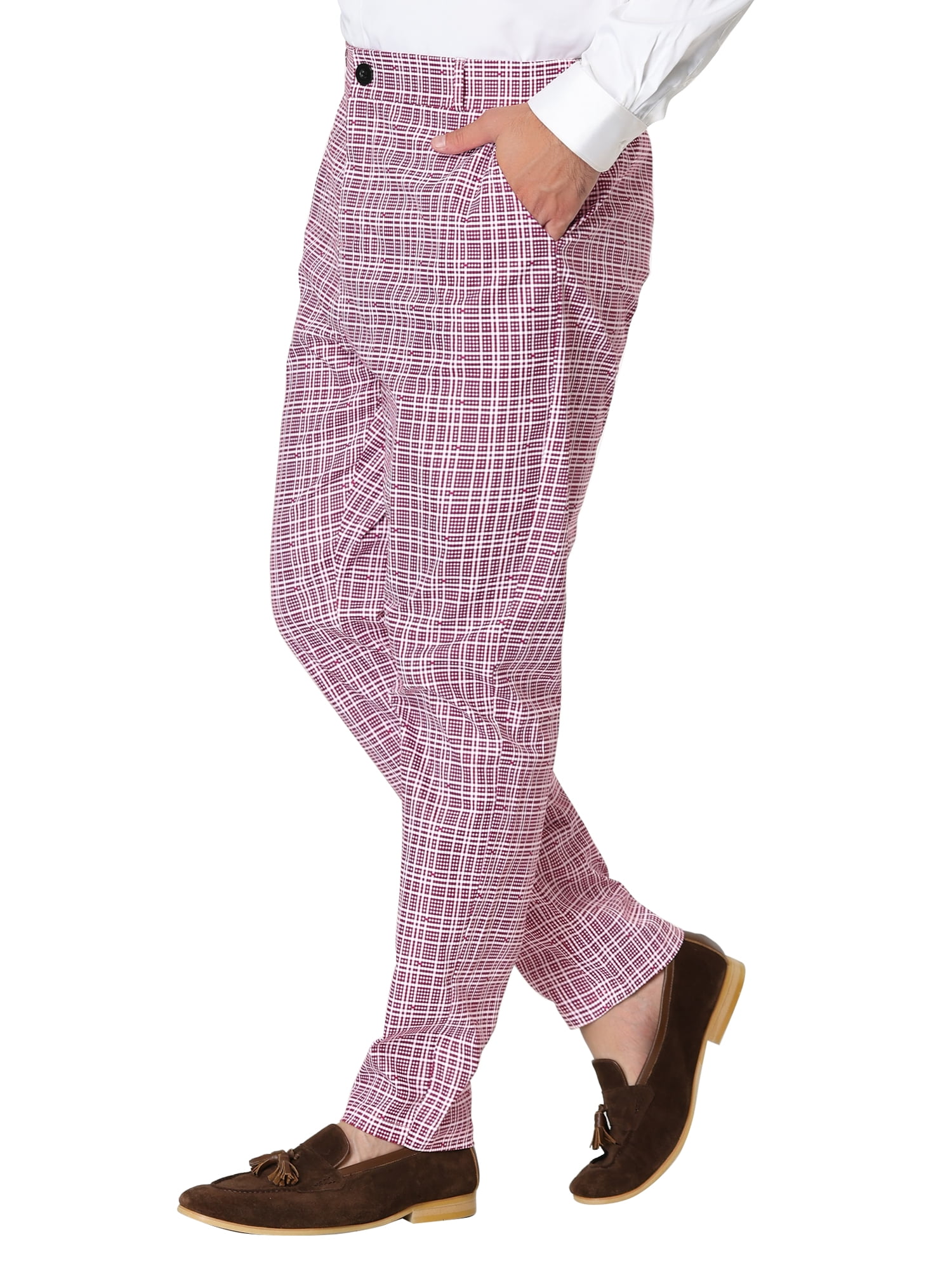 Unique Bargains Men's Plaid Printed Straight Leg Business Casual Checked Pants 38 Pink