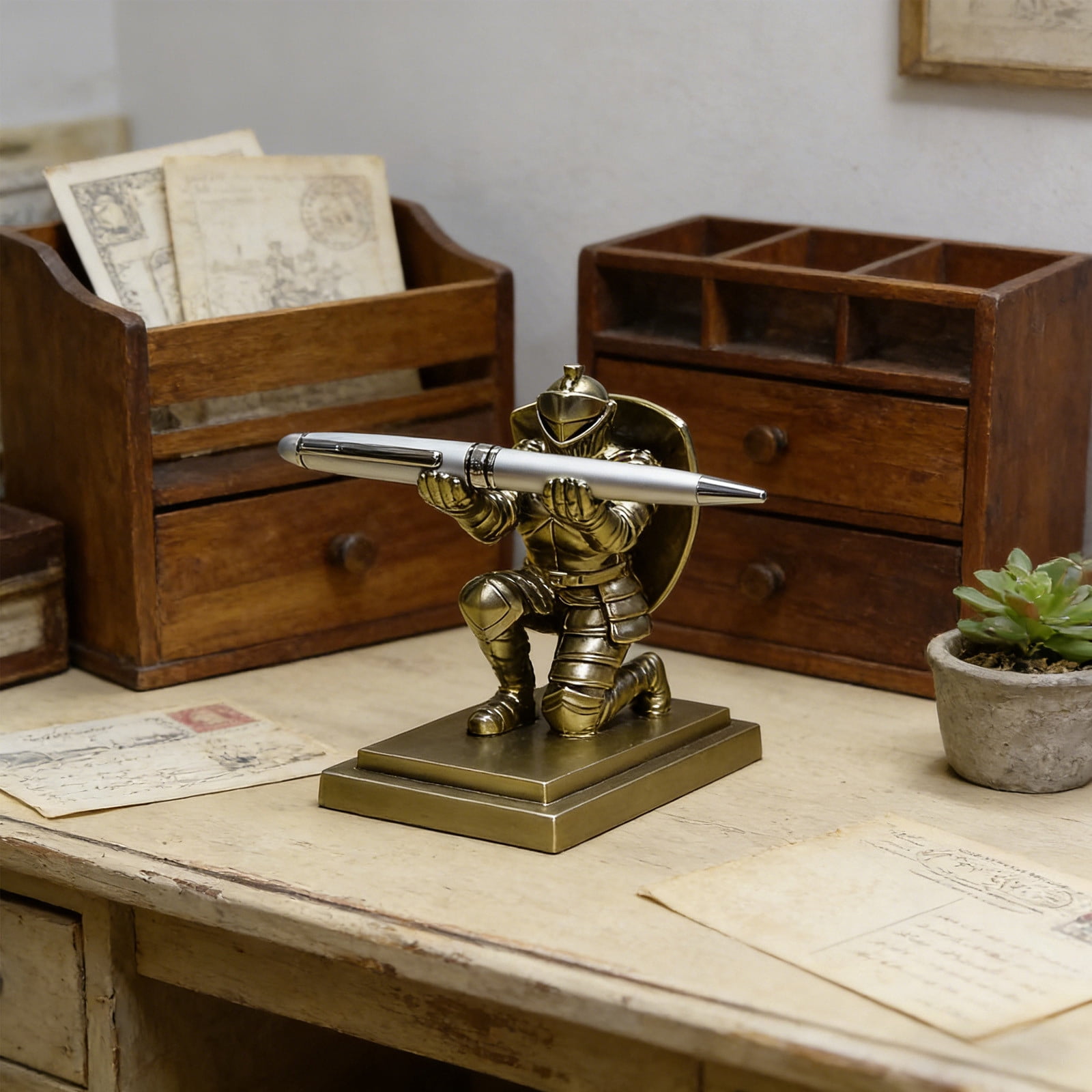Shield Knight Resin Desktop Organizer with Medieval Theme Multi-Purpose Desk Accessory for Phone Display Pen Storage and Book Holding Vintage Style Decoration for Office and Home Decor
