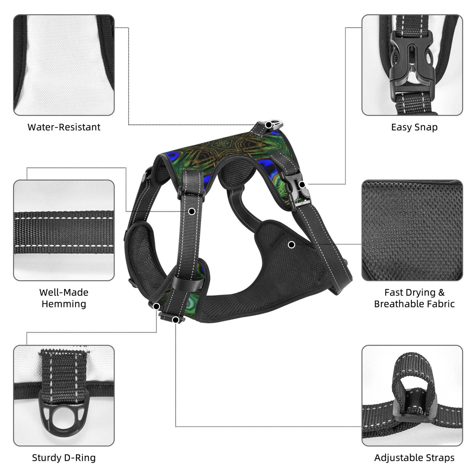 Fuzoiu Peacock Feathers Print Reflective Dog Harness,Adjustable, Breathable Pet Vest,Dog Harness No Pull,No Choke Pet Vest for Small, Medium, and Large Dogs-Medium