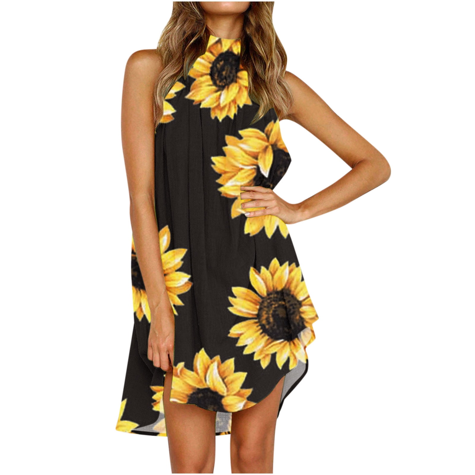 Women's Summer Beach T-Shirt Dress Floral Print Sunflower Shirt Dress Sundress 