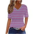 thumbnail image 2 of Fengqque Women's Regular-Fit Short-Sleeve T-Shirt Womens Striped Print Summer Tops Short Sleeve Basic Casual V Neck Waist-cinching T Shirts Women's Tops Purple-A XL(XL), 2 of 7