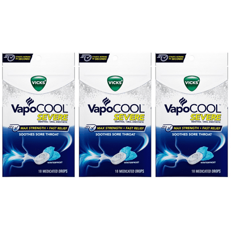 Vicks VapoCool WINTER FROST Severe Menthol Drops MAX STRENGTH cold Medicine for Sore Throat Remedy 18 Per Pouch (3 PACK)