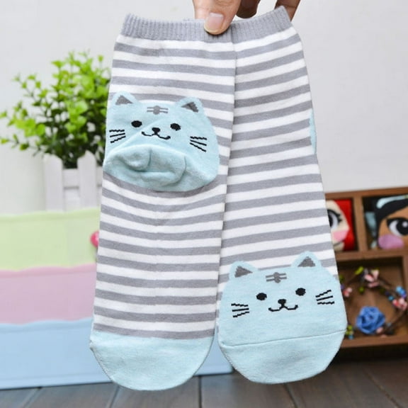 JeashCHAT 3D Animals Striped Cartoon Socks Women Cat Footprints Cotton Socks Floor BU