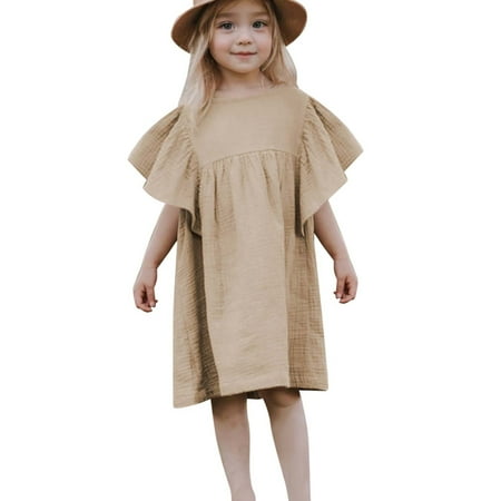 AINIYS Girls Loose Long Sleeve Linen Blend Dress With Crew Neck And Pullover Style Lightweight Fabric For Outdoor Activities And Casual Wear Khaki 4 Years