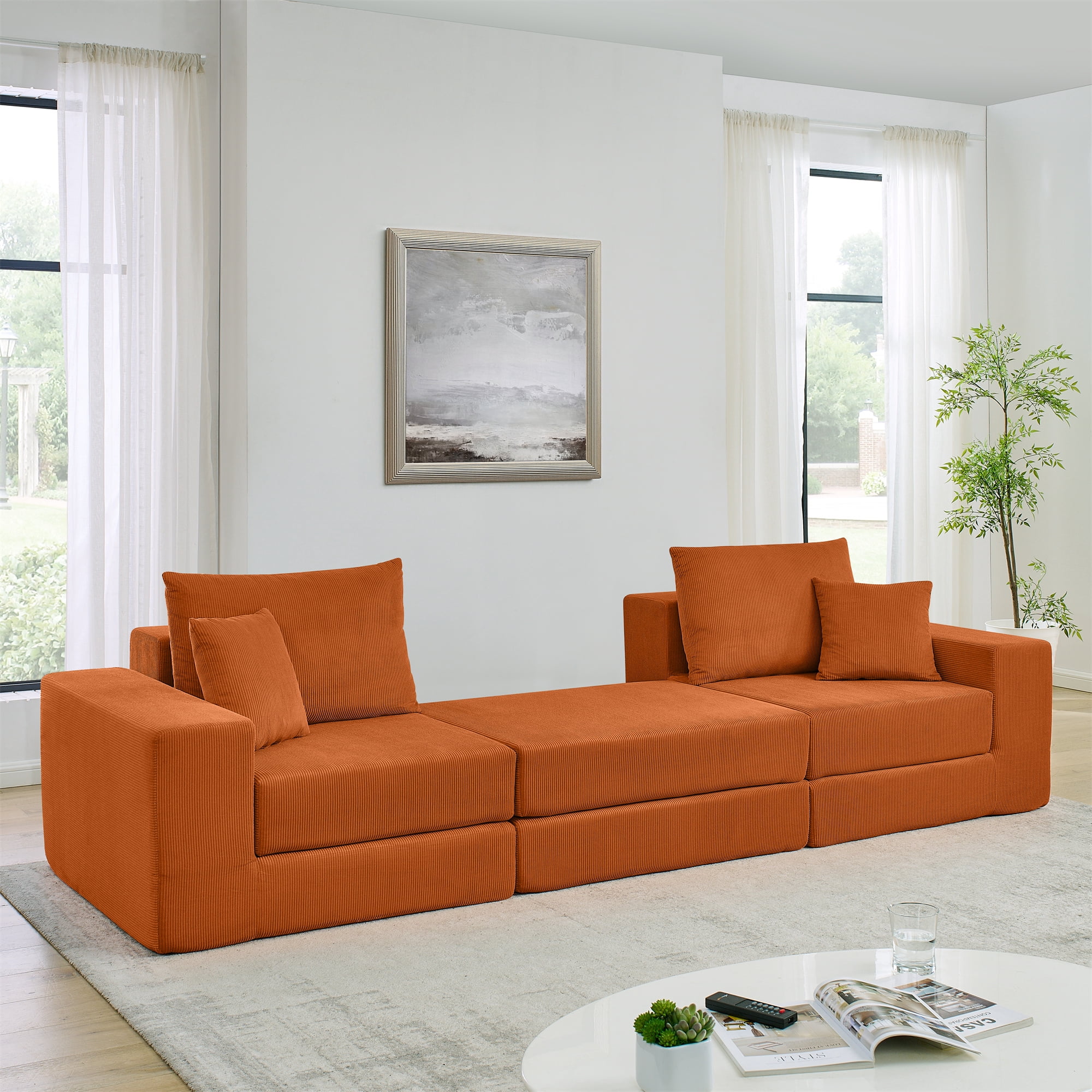 Miniyam No Assembly Sectional Sofa, Ready-to-Use Modular Cloud Couch, Corduroy Deep Seat with Ottoman and Pillows, Unbox and Relax, Orange